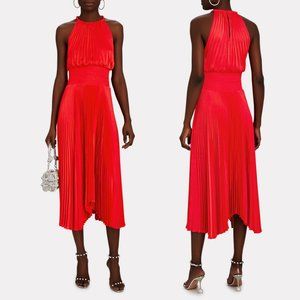 A.L.C. Renzo II Asymmetric Pleated Midi-dress Red Halter Neckline Smocked NWT